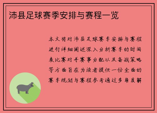 沛县足球赛季安排与赛程一览