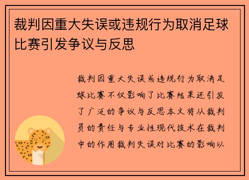 裁判因重大失误或违规行为取消足球比赛引发争议与反思