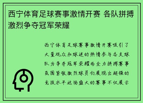 西宁体育足球赛事激情开赛 各队拼搏激烈争夺冠军荣耀