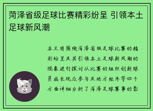 菏泽省级足球比赛精彩纷呈 引领本土足球新风潮