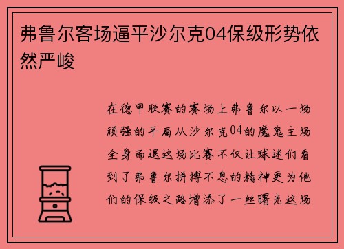 弗鲁尔客场逼平沙尔克04保级形势依然严峻