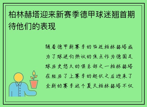 柏林赫塔迎来新赛季德甲球迷翘首期待他们的表现