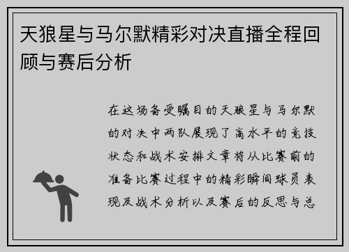天狼星与马尔默精彩对决直播全程回顾与赛后分析