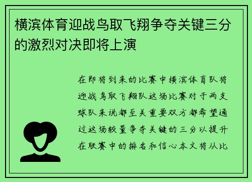 横滨体育迎战鸟取飞翔争夺关键三分的激烈对决即将上演